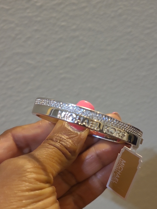 Michael Kors Jewelry - Michael Kors Silver Crystal Logo Hinged Bangle - Silver
